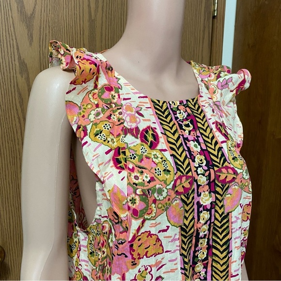 FREE PEOPLE SUMMER IN TULUM LINEN BLEND TUNIC PEBLUM PINK FLORAL TOP Size Large - Picture 7 of 11